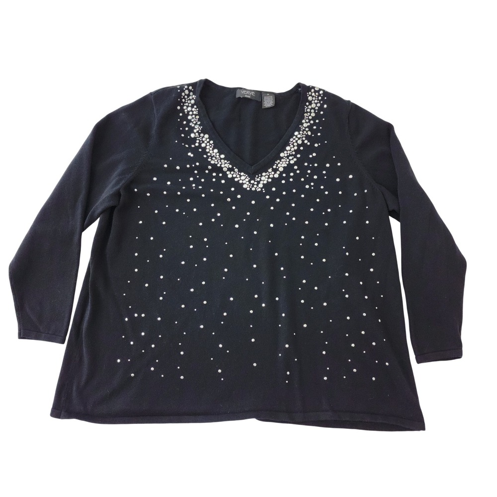 Verve Ami Womens 1X Black Rhinestone Embellished V-Neck Knit Sweater‎ Top